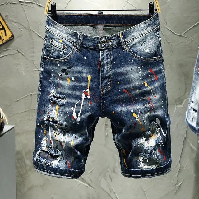 Patchwork Ripped Mid Waist Denim Shorts